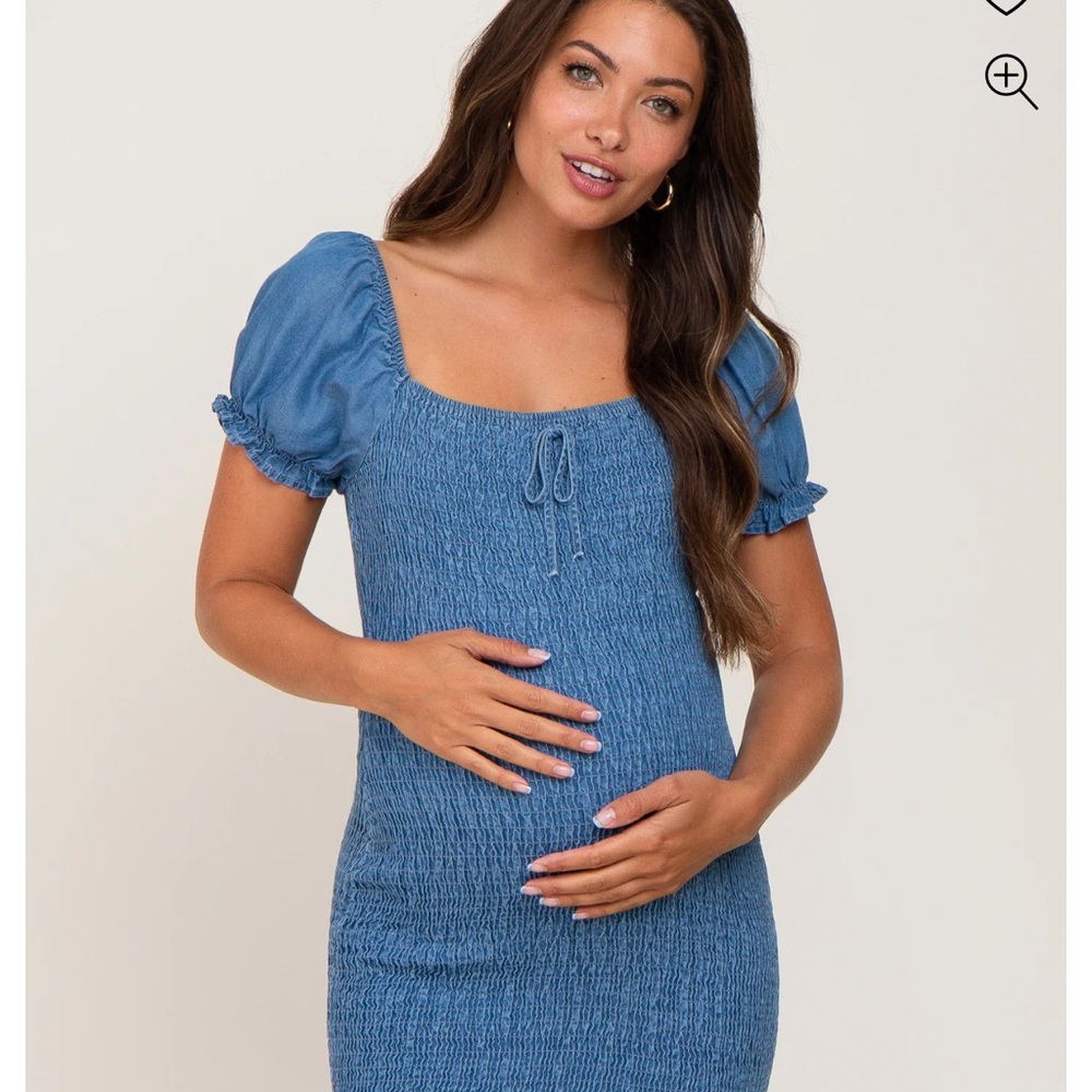 Blue Maternity Dress with Puff Sleeves